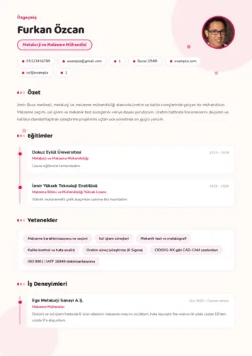 Metalürji Ve Malzeme Mühendisliği Cv Örnekleri cv indir
